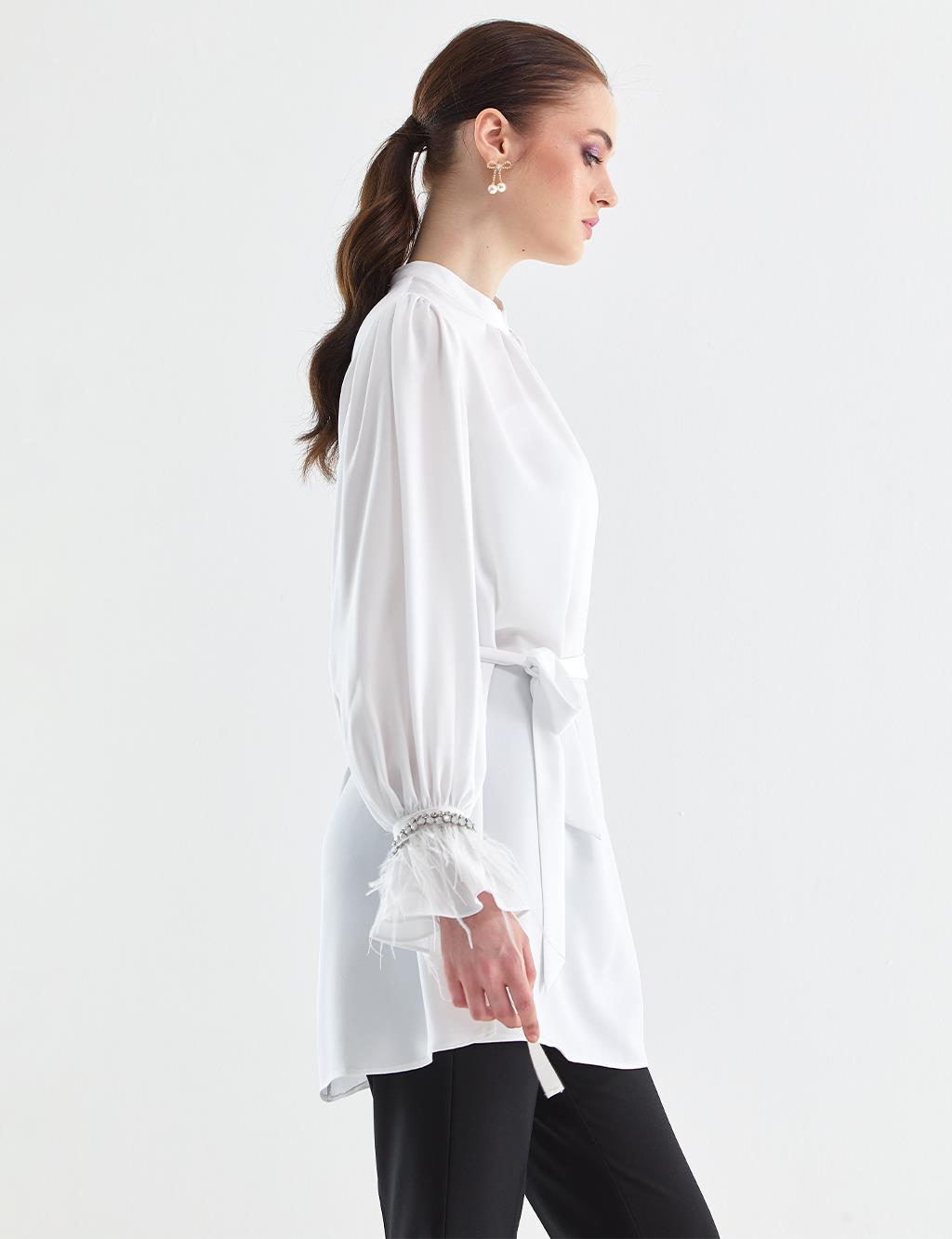 Stone Embroidered Balloon Sleeve Tunic White