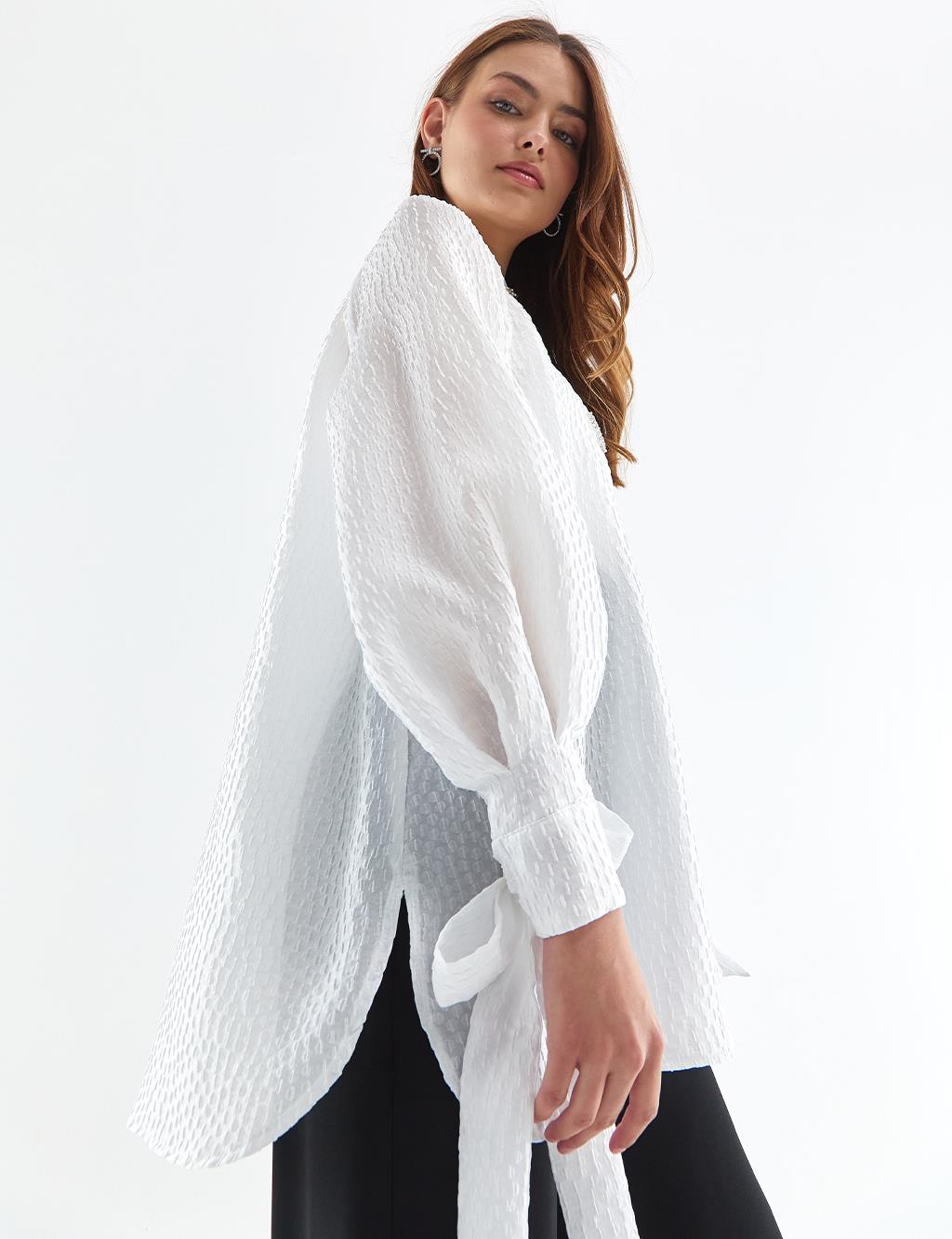 Embossed Balloon Sleeve Blouse White