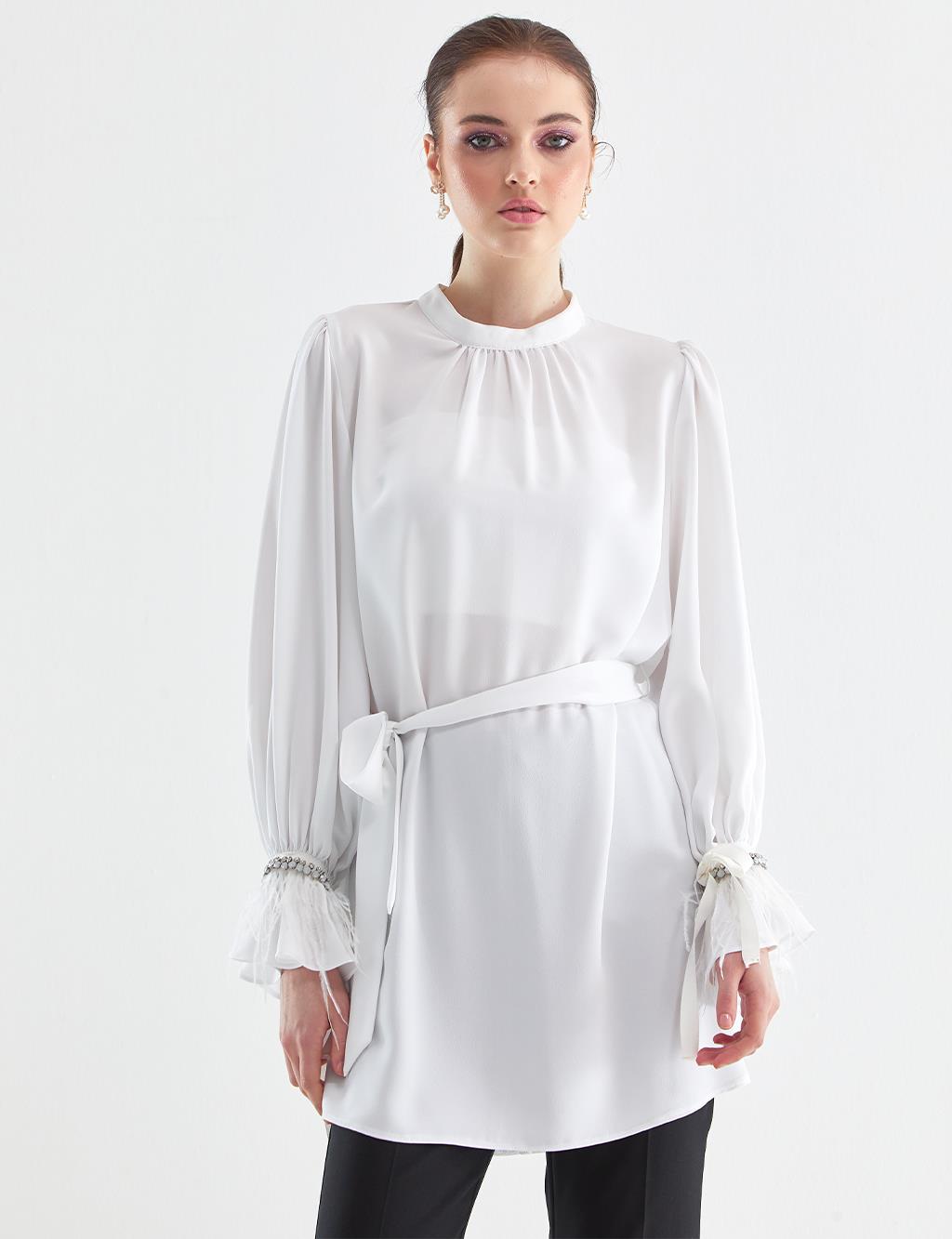 Stone Embroidered Balloon Sleeve Tunic White