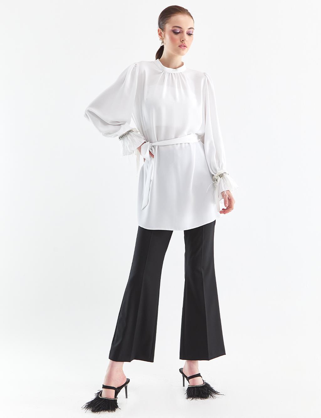 Stone Embroidered Balloon Sleeve Tunic White