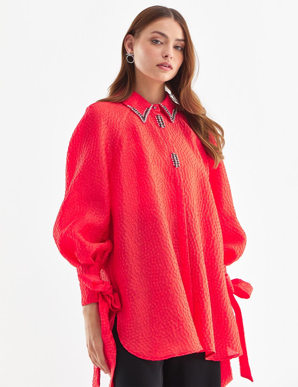 Embossed Balloon Sleeve Blouse Red