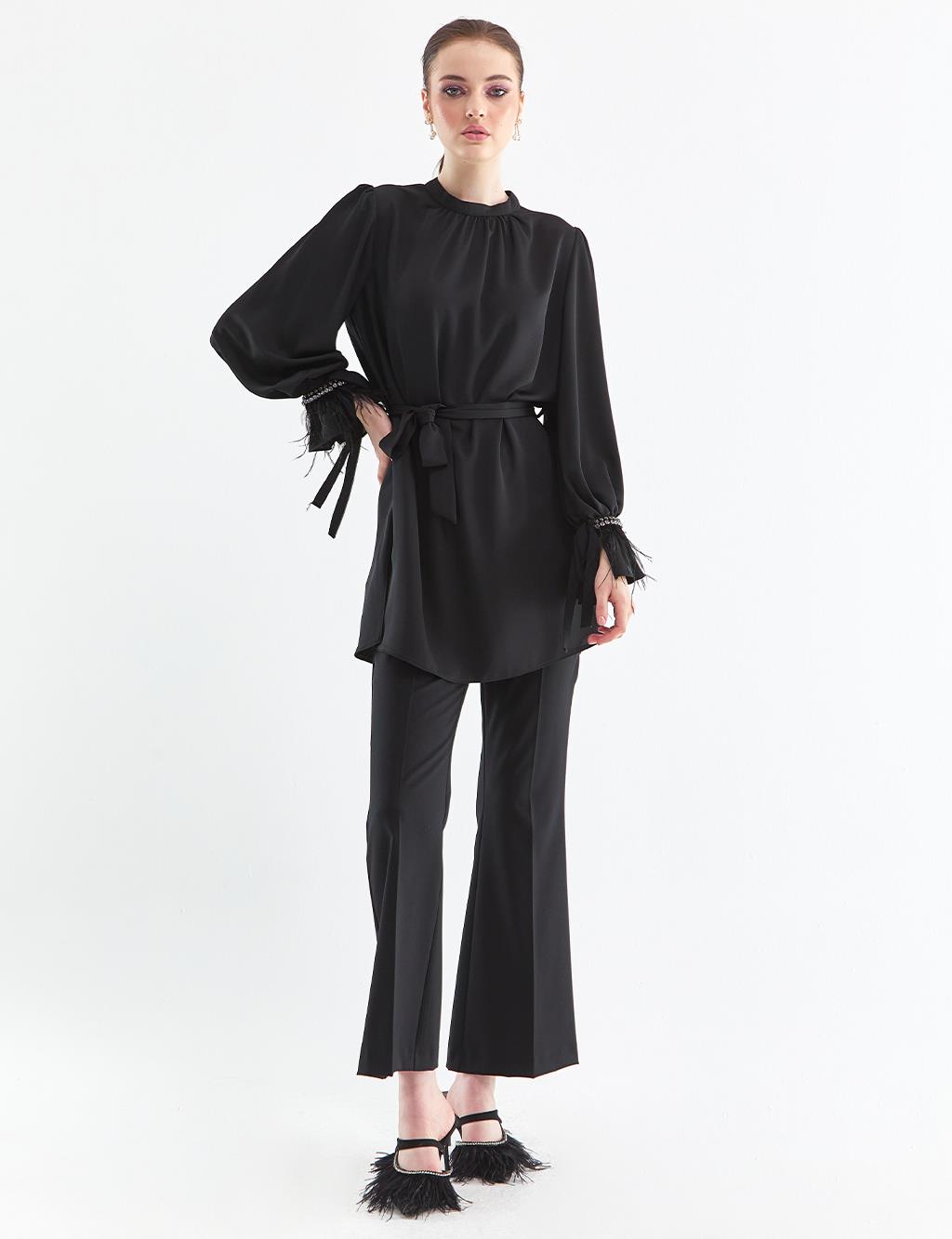 Stone Embroidered Balloon Sleeve Tunic Black