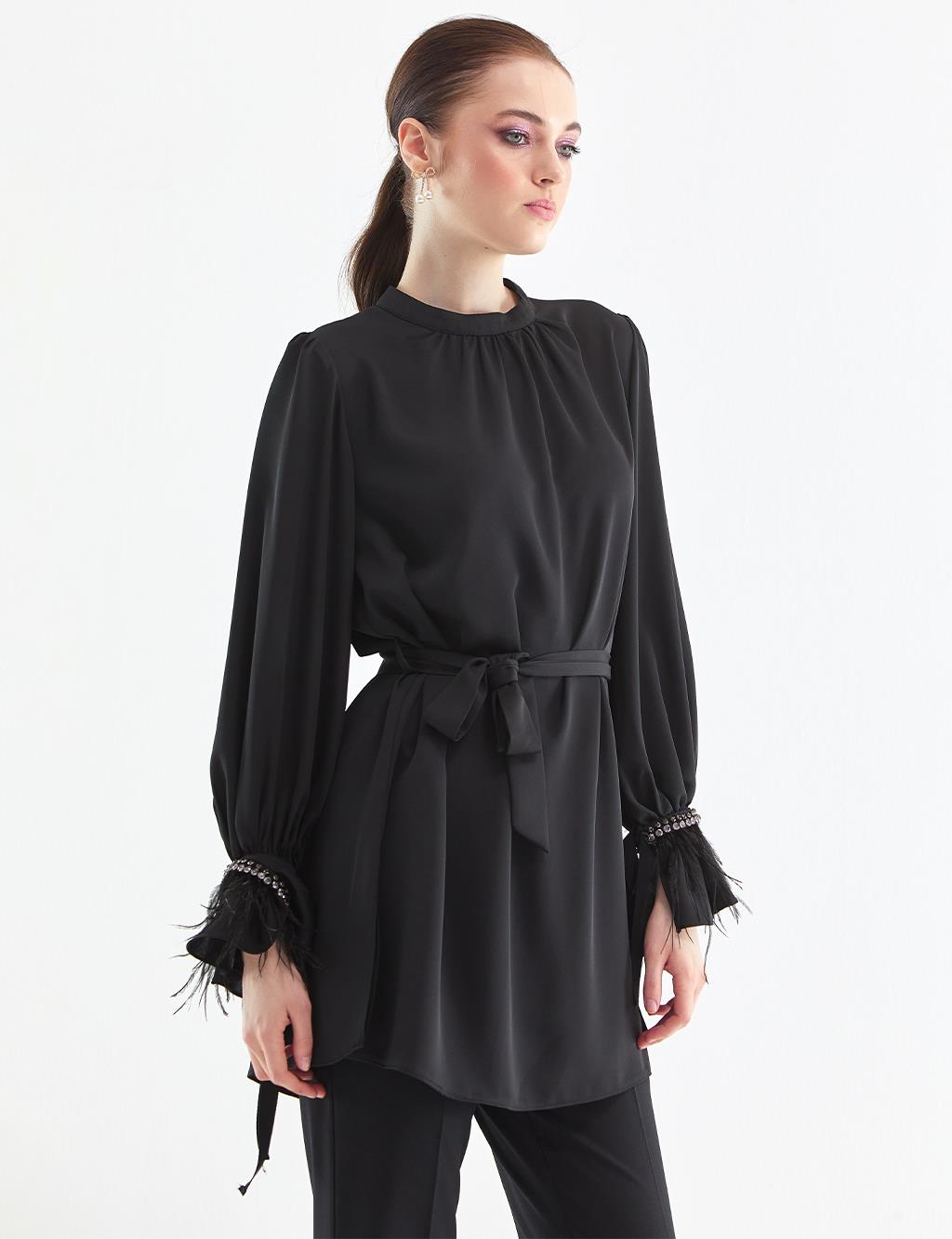 Stone Embroidered Balloon Sleeve Tunic Black