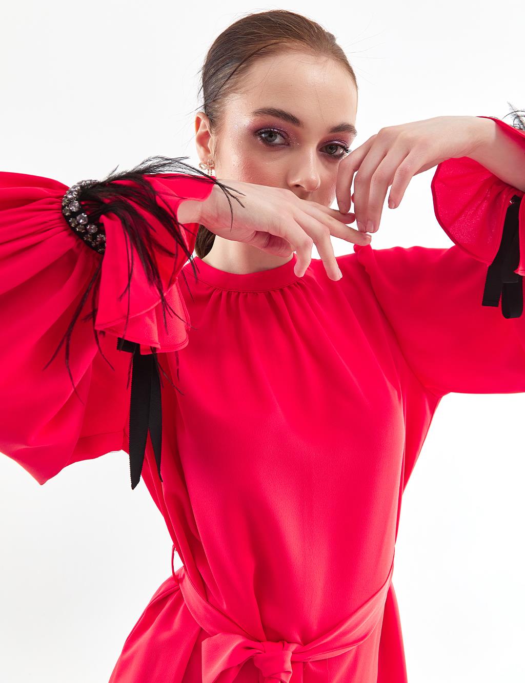 Stone Embroidered Balloon Sleeve Tunic Red