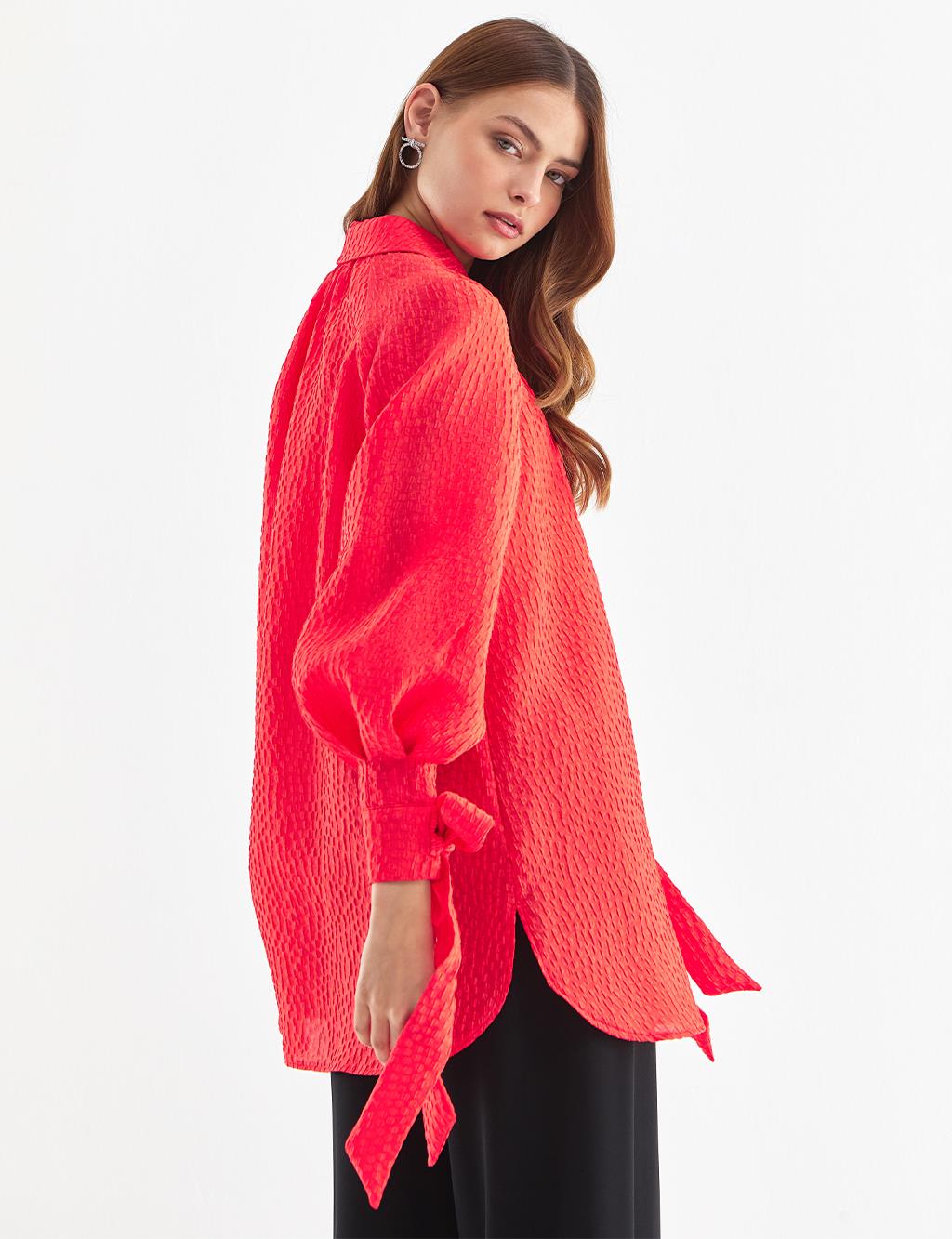 Embossed Balloon Sleeve Blouse Red