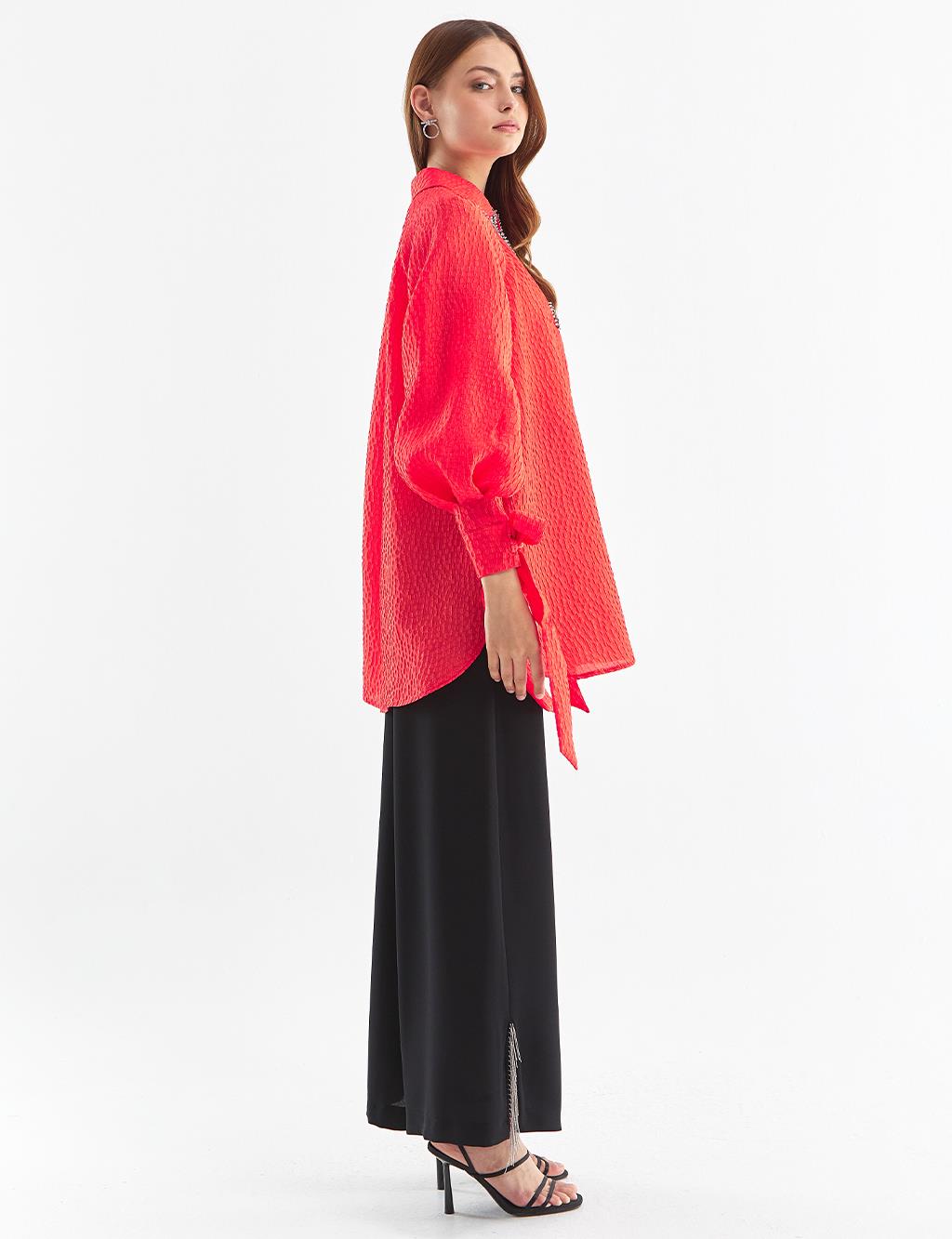 Embossed Balloon Sleeve Blouse Red