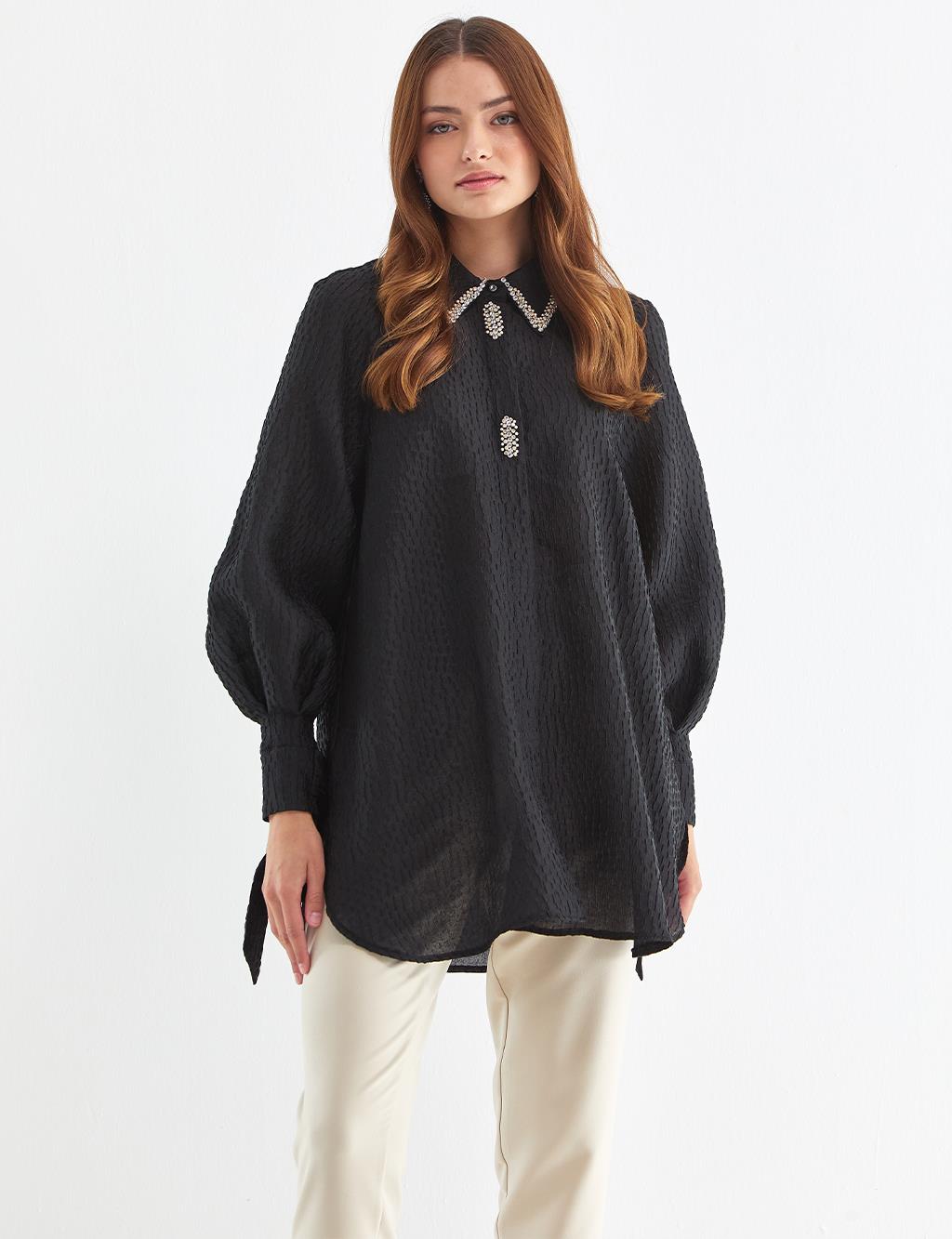 Embossed Balloon Sleeve Blouse Black