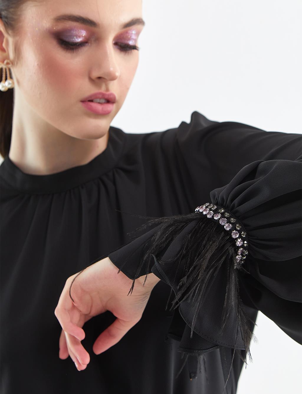 Stone Embroidered Balloon Sleeve Tunic Black