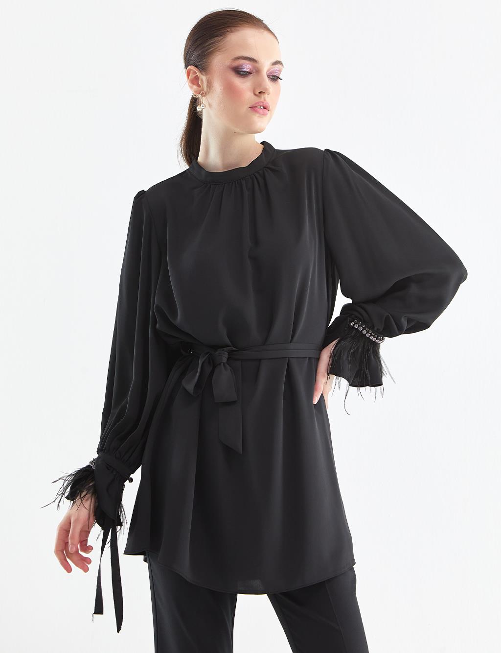 Stone Embroidered Balloon Sleeve Tunic Black