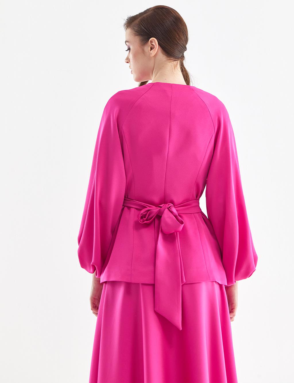 Balloon Sleeve Double Breasted Blouse Skirt Suit Fuchsia