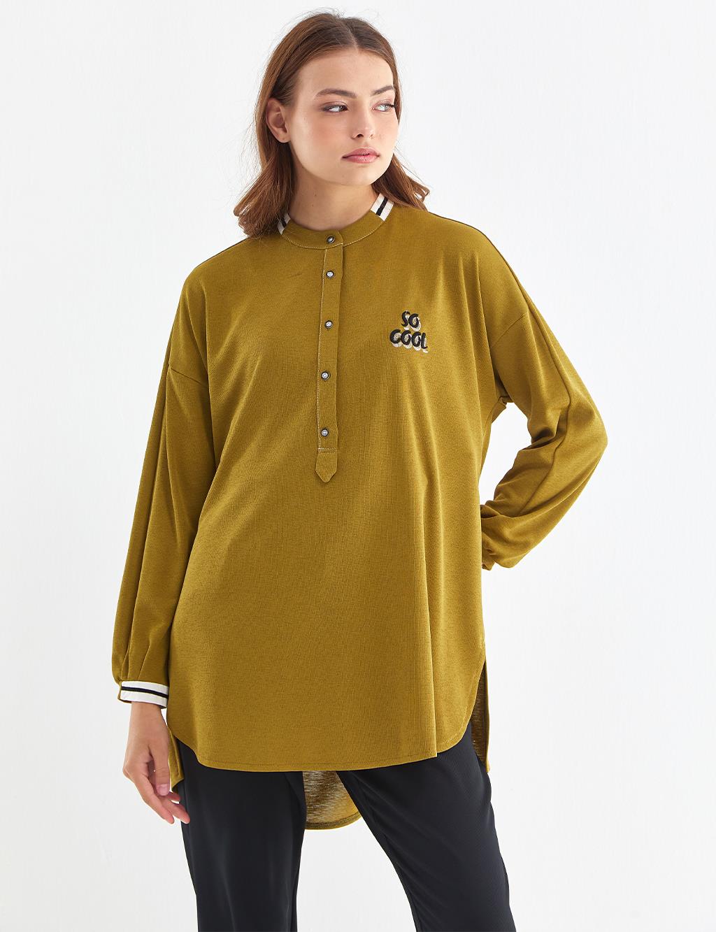 Slogan Embroidered Gabardine Tunic Olive