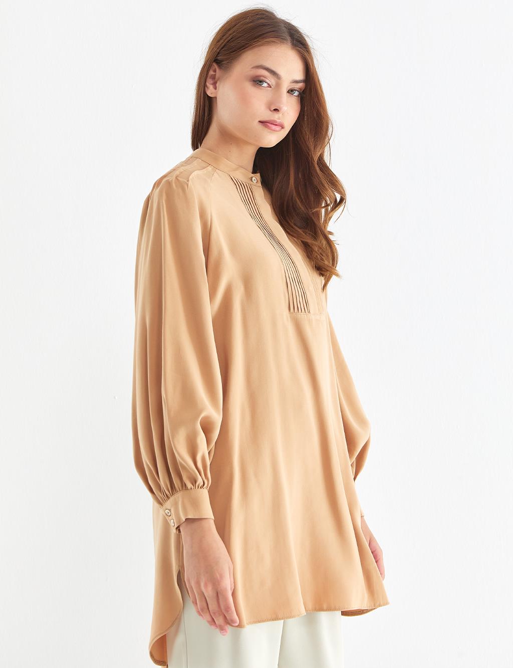 Ribbed Grandad Collar Tunic Beige