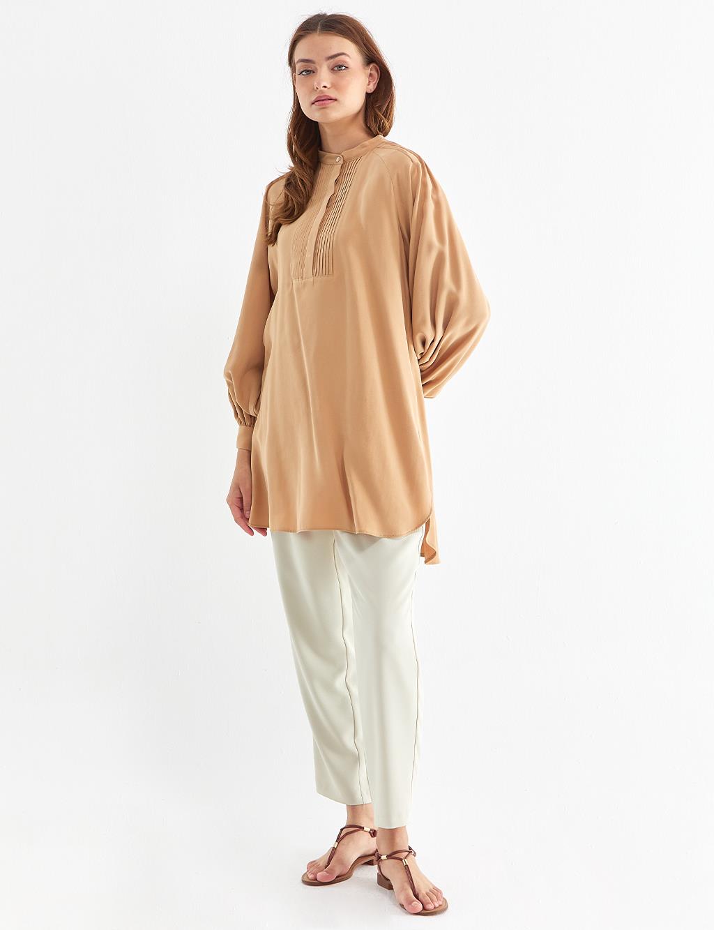 Ribbed Grandad Collar Tunic Beige