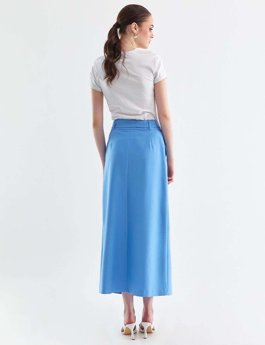 Button Detailed Double Breasted Skirt Sky Blue