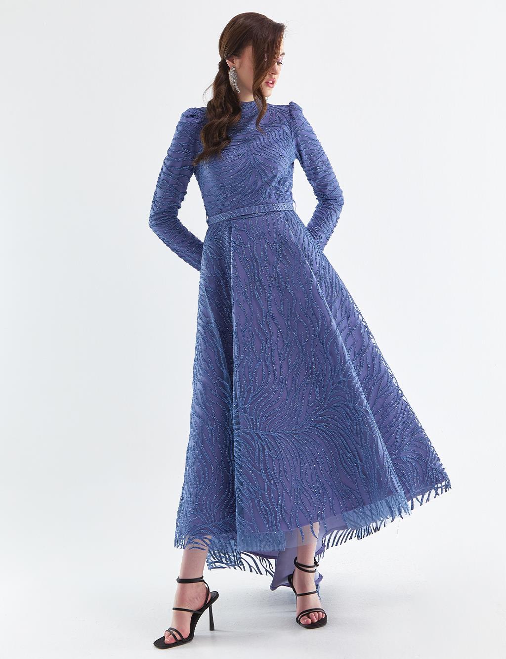 Embroidered Tulle Covered Evening Dress Indigo LA