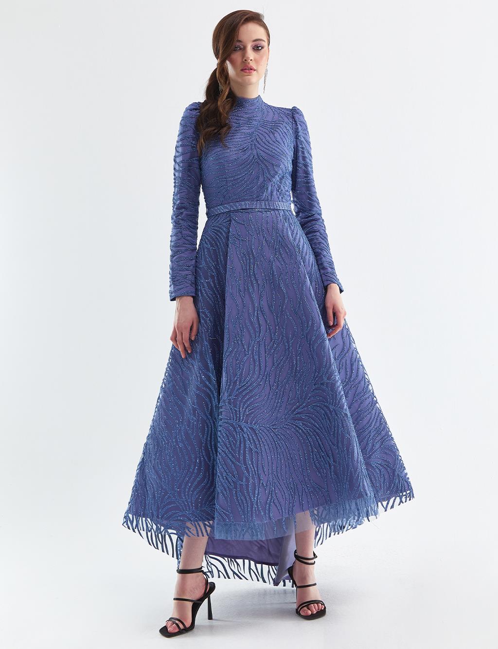 Embroidered Tulle Covered Evening Dress Indigo LA