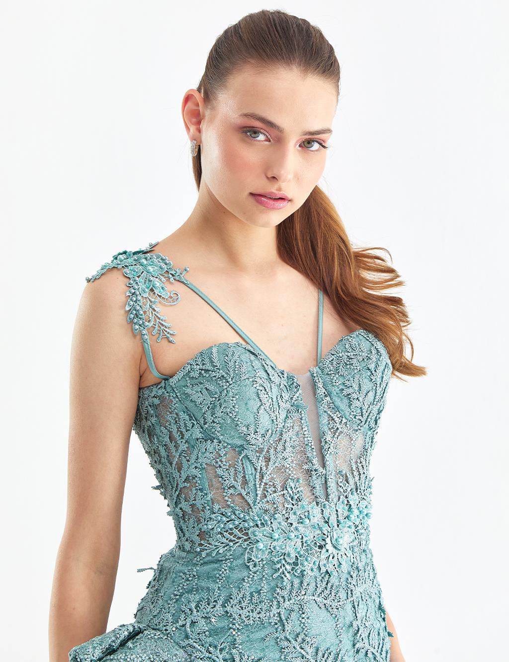 Tulle Detailed Embroidered Evening Dress Teal AL261076-157