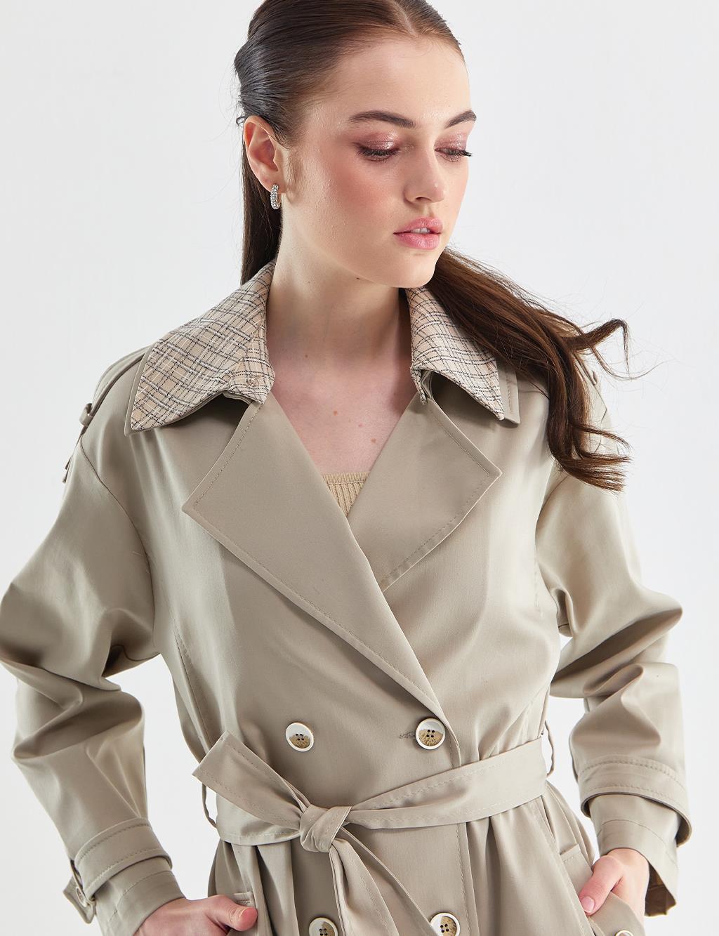 KYR Plaid Lined Double Breasted Trench Coat Cream