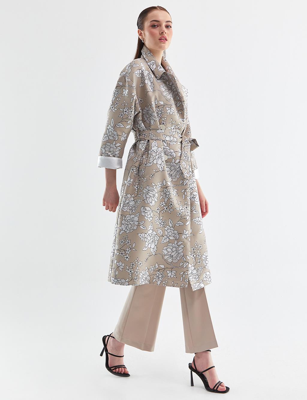 Floral Pattern Trench Coat Stone