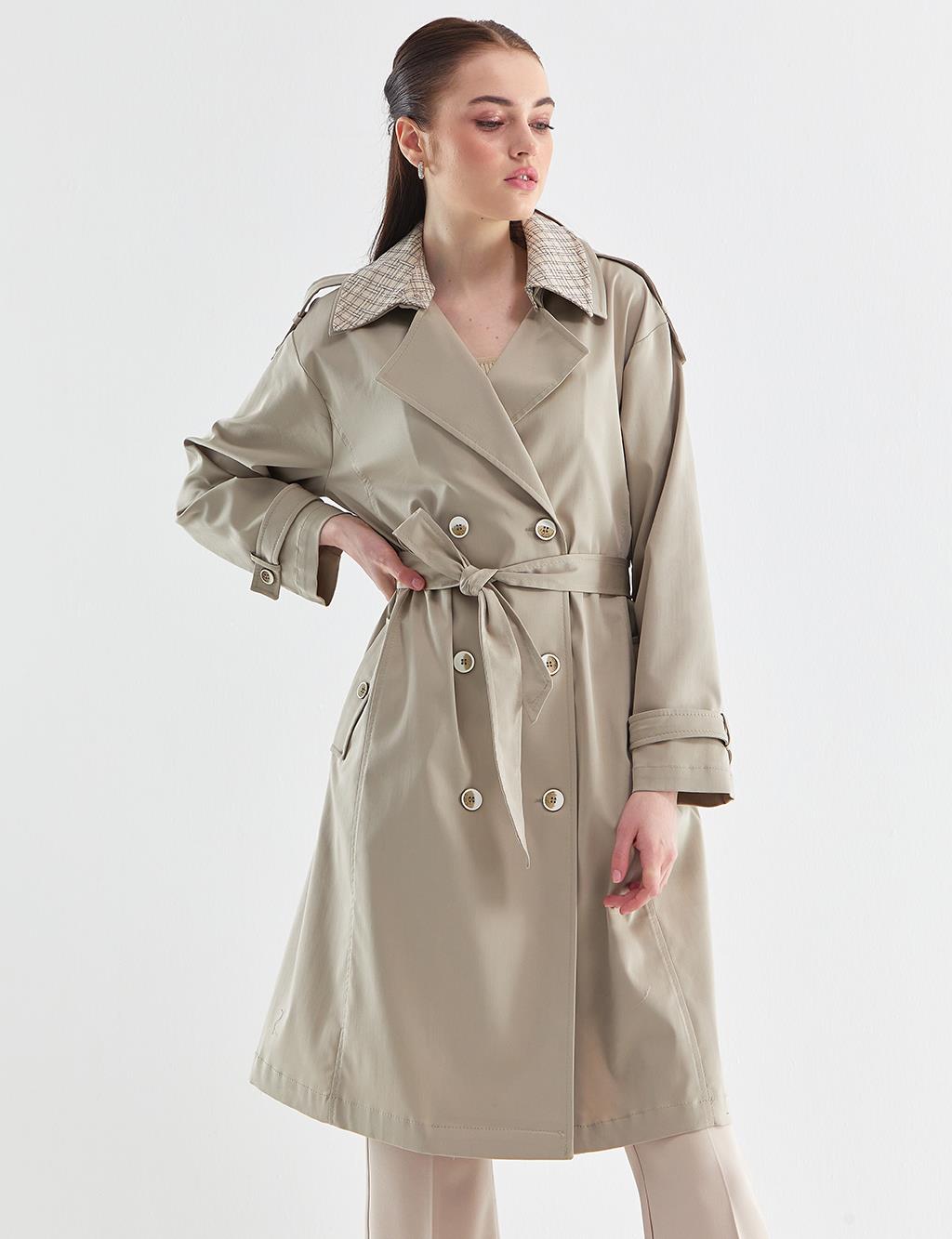 KYR Plaid Lined Double Breasted Trench Coat Cream