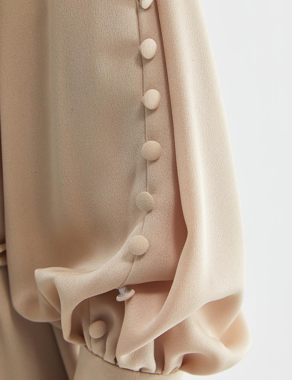 Kuşaklı Balon Kol Elbise Kum Beji