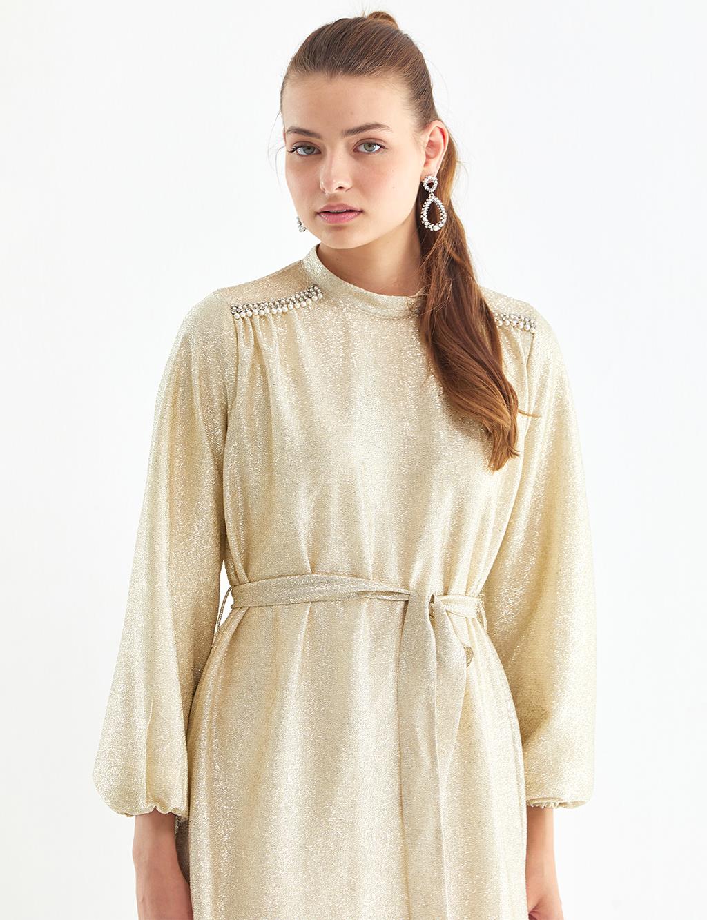 Gold plisse balloon sleeve sheer shift dress cheap