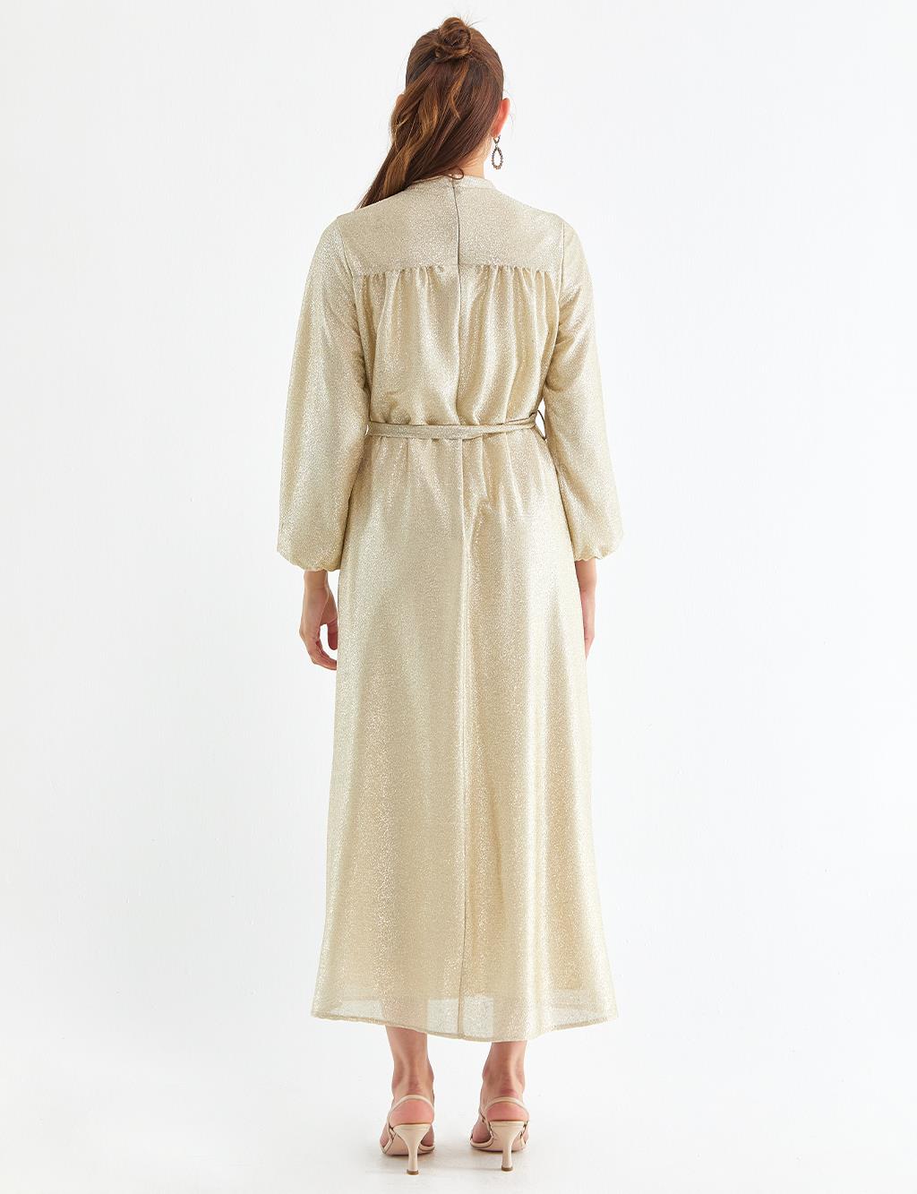 Jacquard Balloon Sleeve Dress Gold