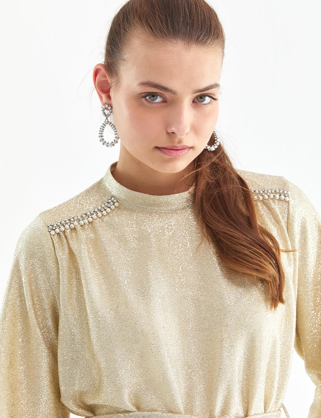 Jacquard Balloon Sleeve Dress Gold