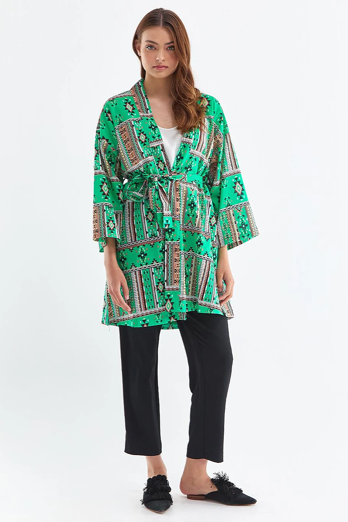 Ethnic Patterned Kimono Grass Green