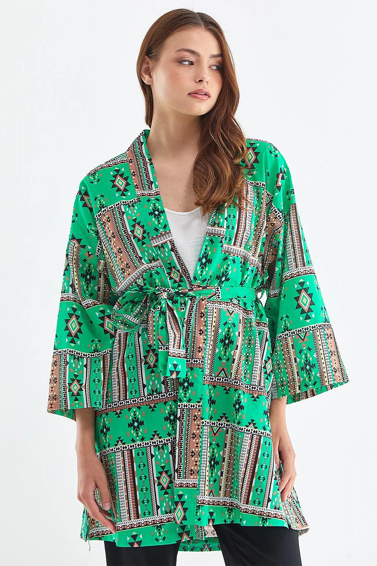 Ethnic Patterned Kimono Grass Green