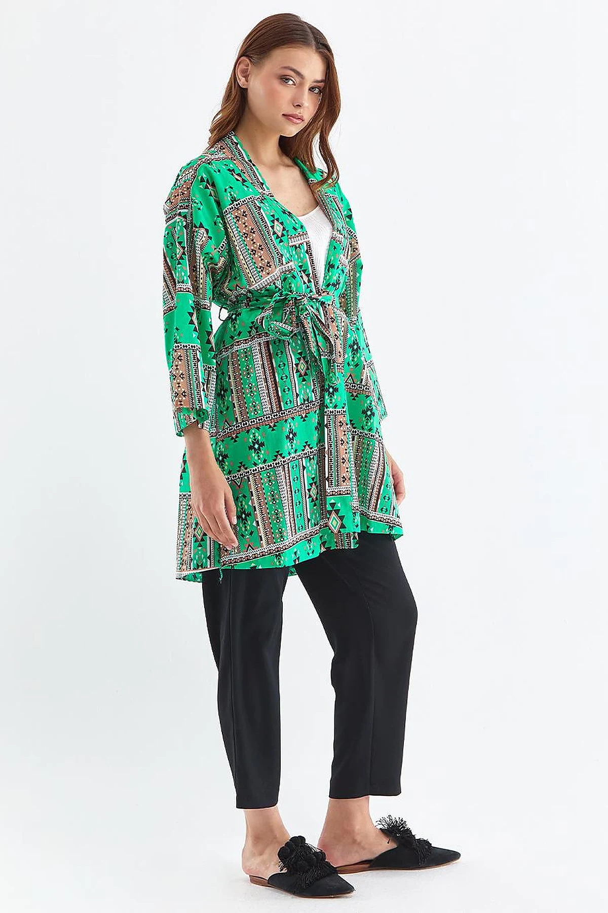 Ethnic Patterned Kimono Grass Green