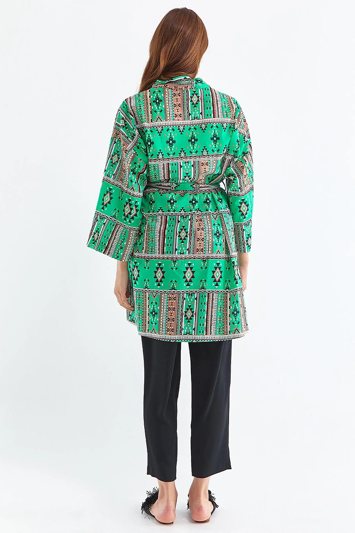 Ethnic Patterned Kimono Grass Green