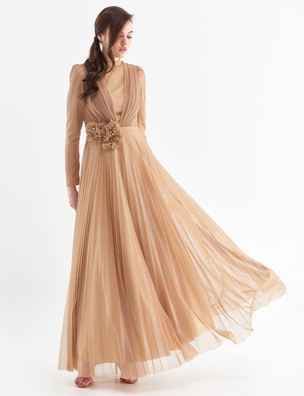 Pleated Jacquard Evening Dress Gold LA
