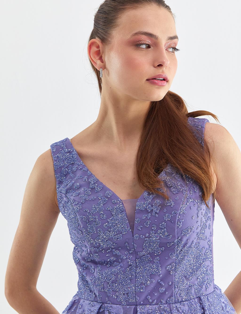 V-Neck Pleated Evening Dress Lilac LA261070-16