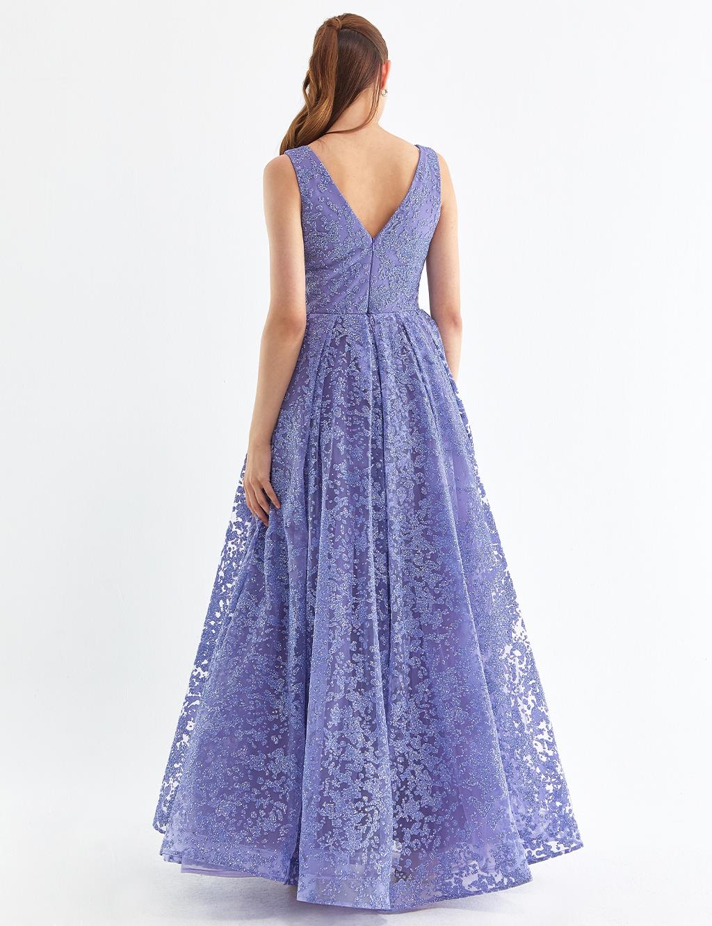 V-Neck Pleated Evening Dress Lilac LA