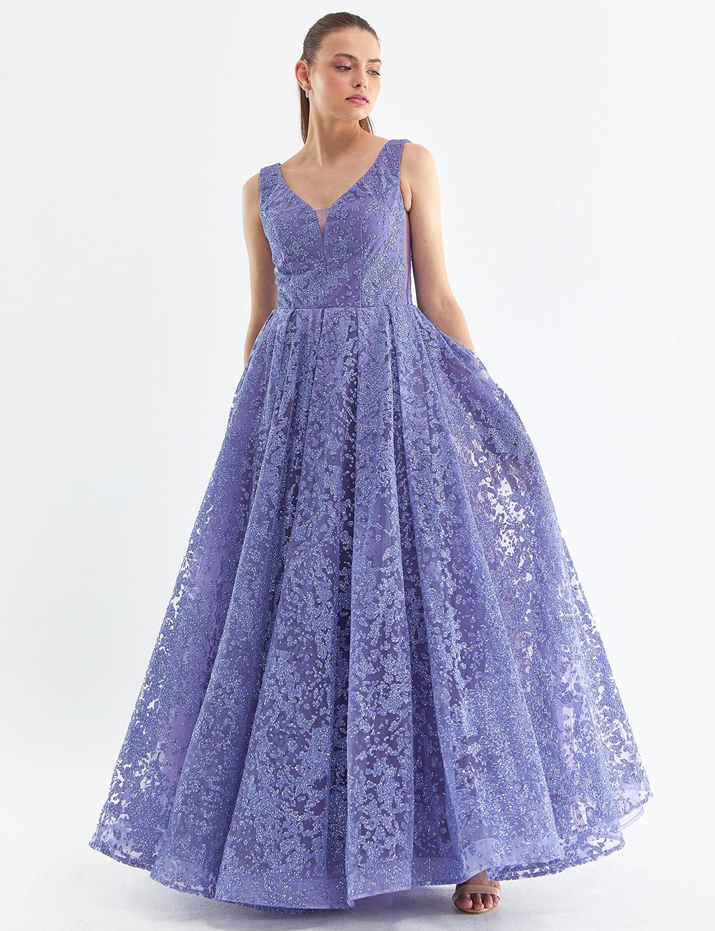 V-Neck Pleated Evening Dress Lilac LA