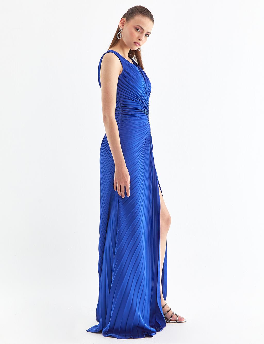 Crystal Embroidered Pleated Evening Dress Sax FC