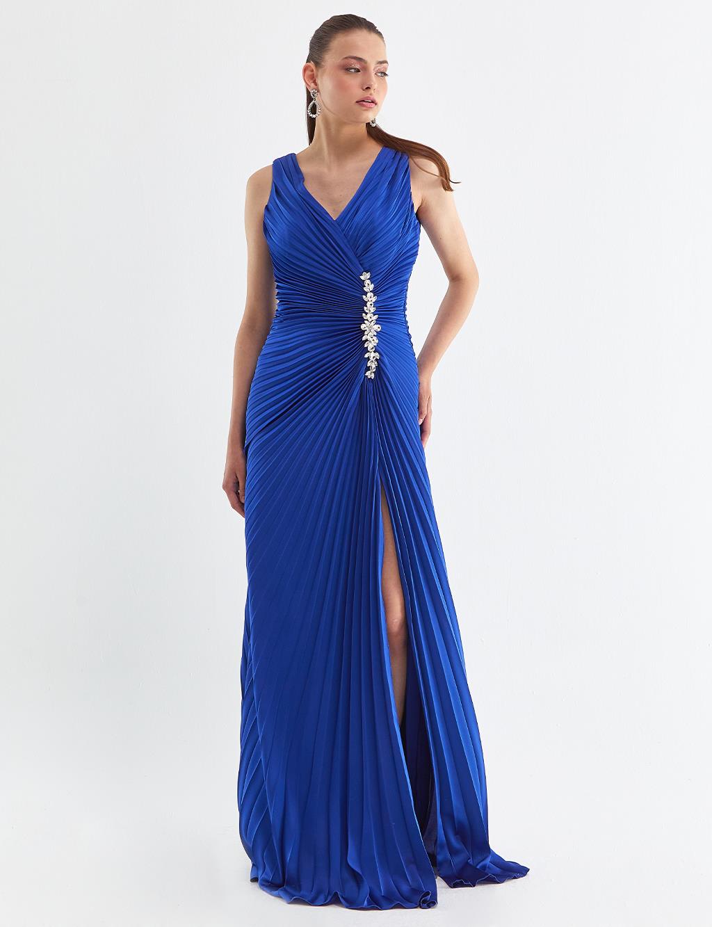 Crystal Embroidered Pleated Evening Dress Sax FC