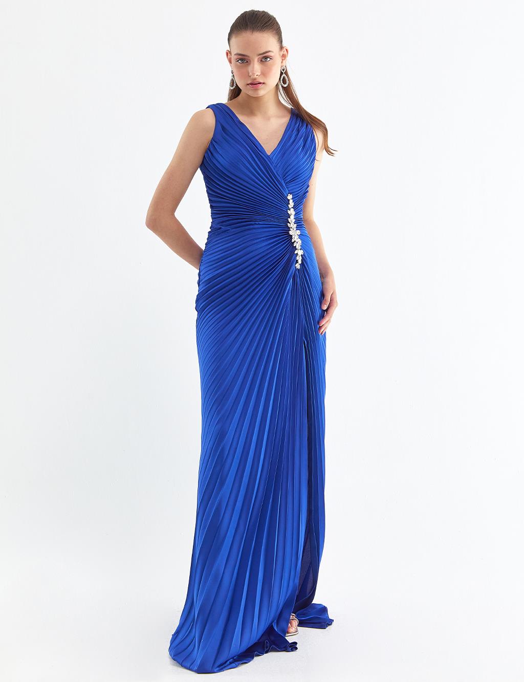 Crystal Embroidered Pleated Evening Dress Sax FC