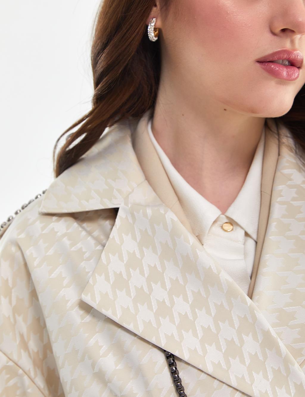 Houndstooth Patterned Trench Coat Cream