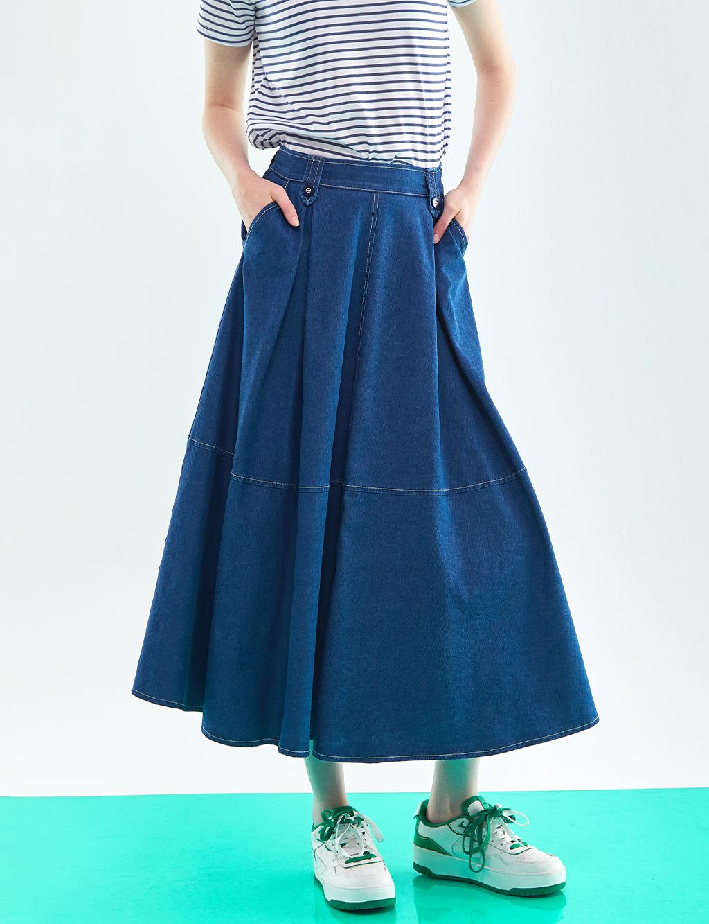 Pleated Denim Skirt Navy