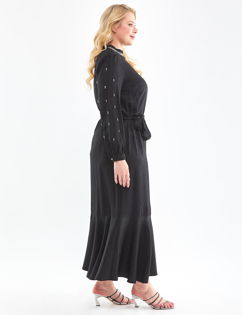 Belted Embroidered Dress Black