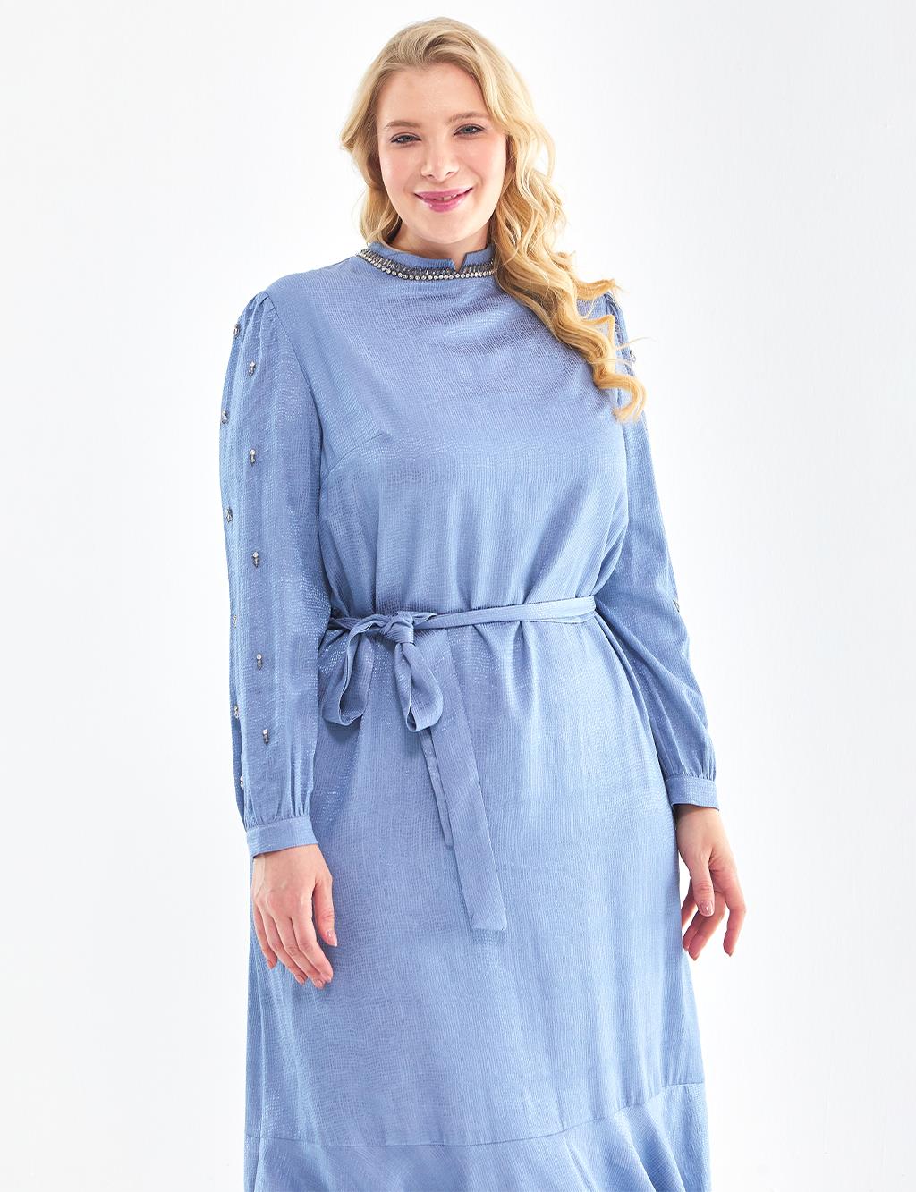Belted Embroidered Dress Sky Blue
