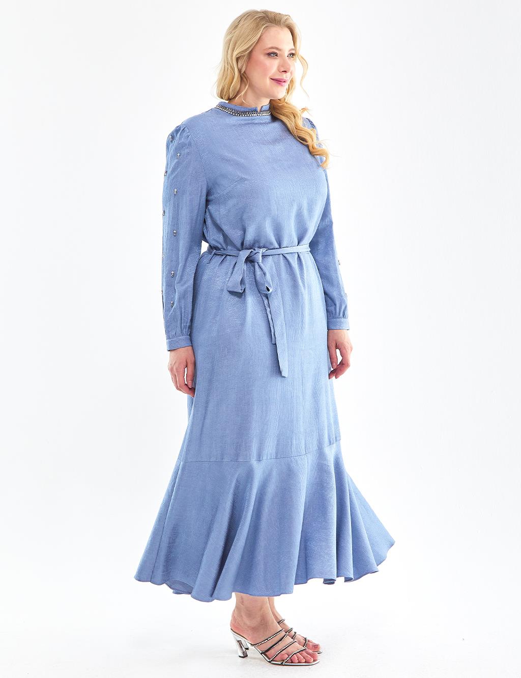 Belted Embroidered Dress Sky Blue