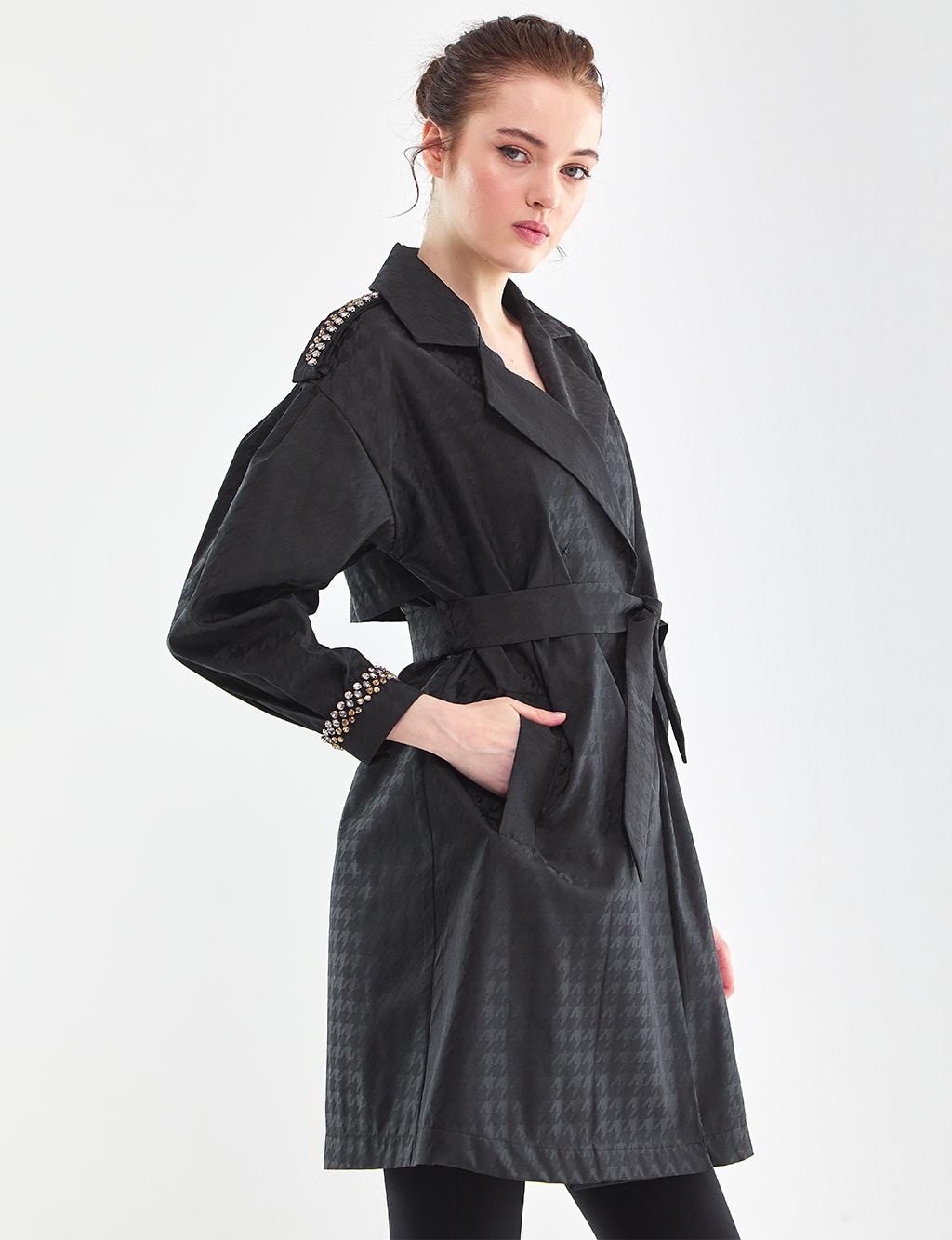 Houndstooth Patterned Trench Coat Black