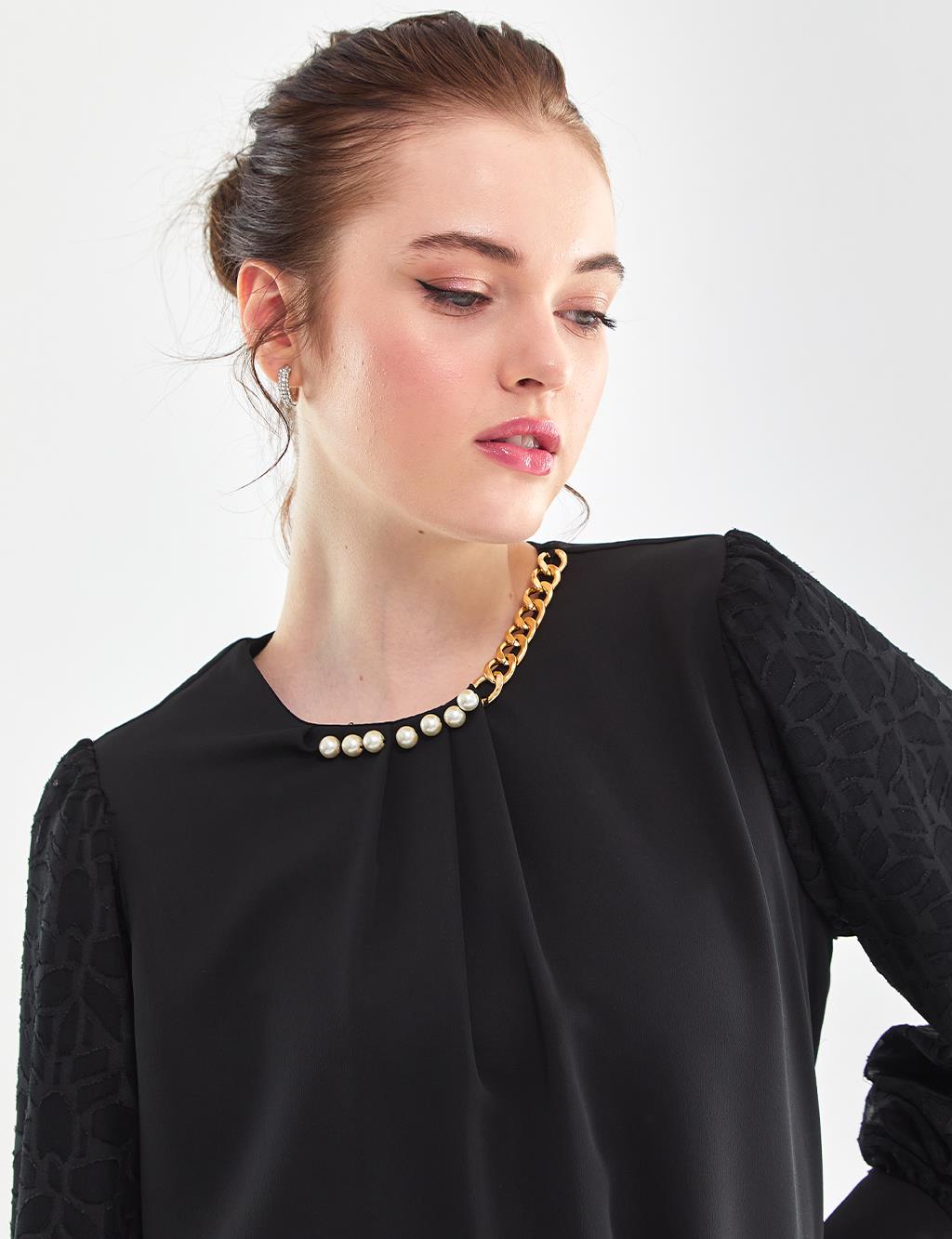 Pearl and Chain Detailed Blouse Black