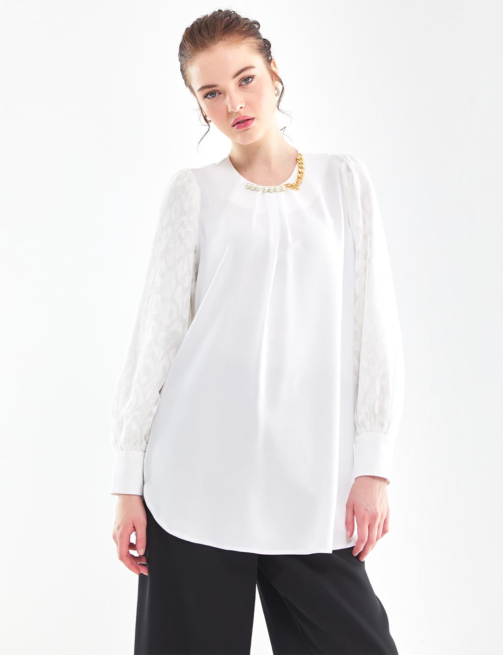Pearl and Chain Detailed Blouse White