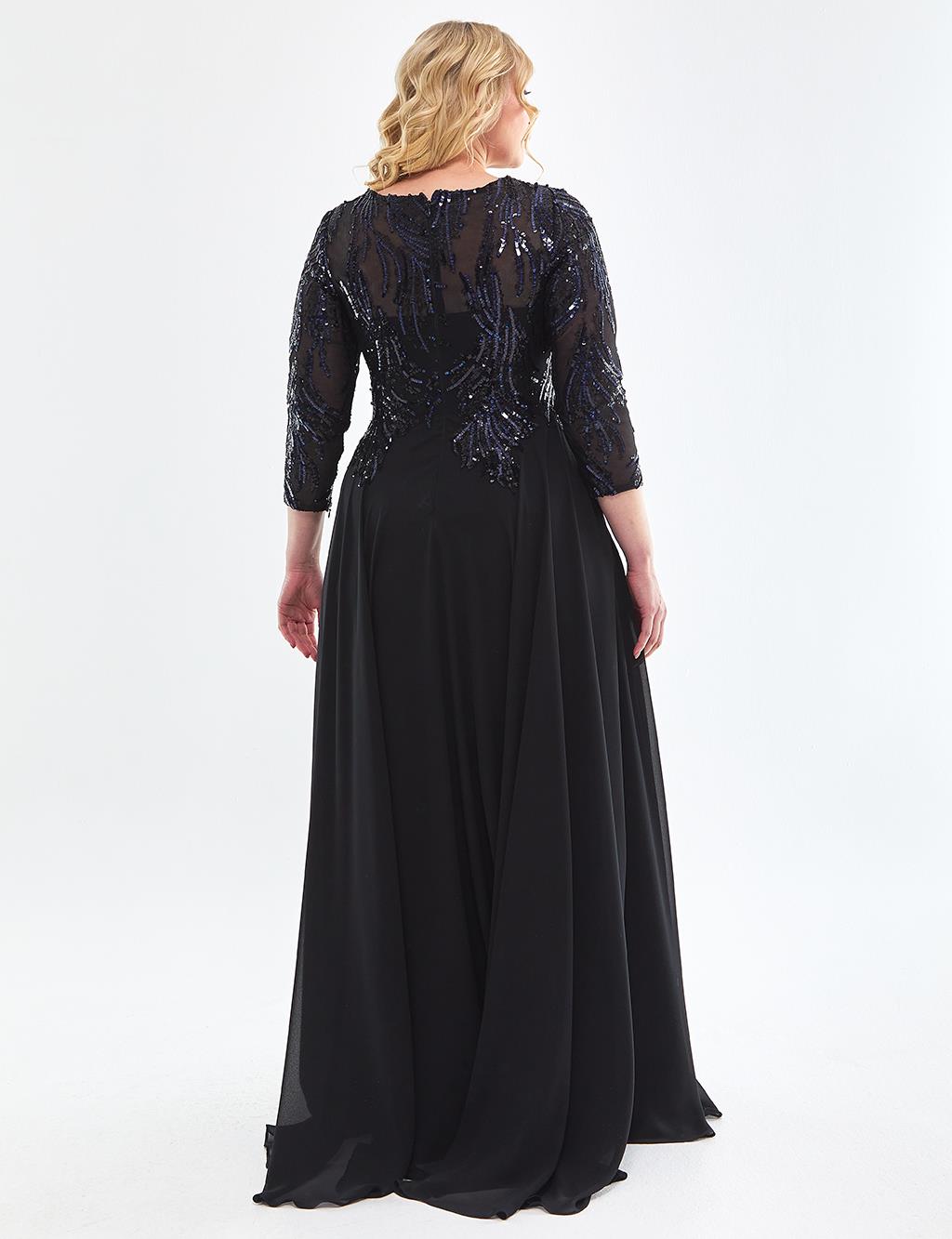 Sequined Flowy Evening Dress Black-Blue