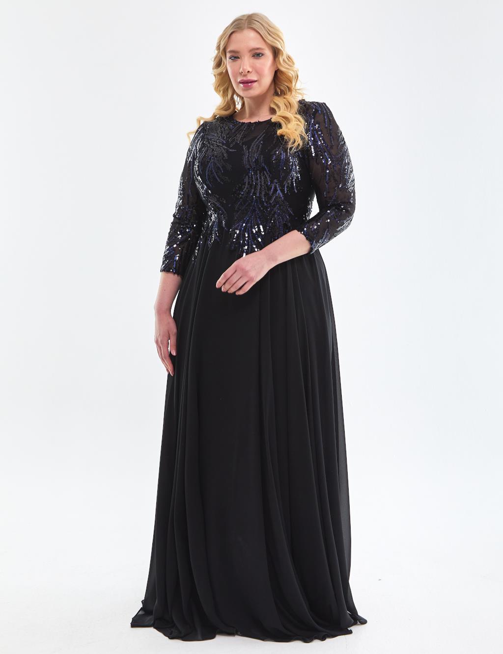 Sequined Flowy Evening Dress Black-Blue