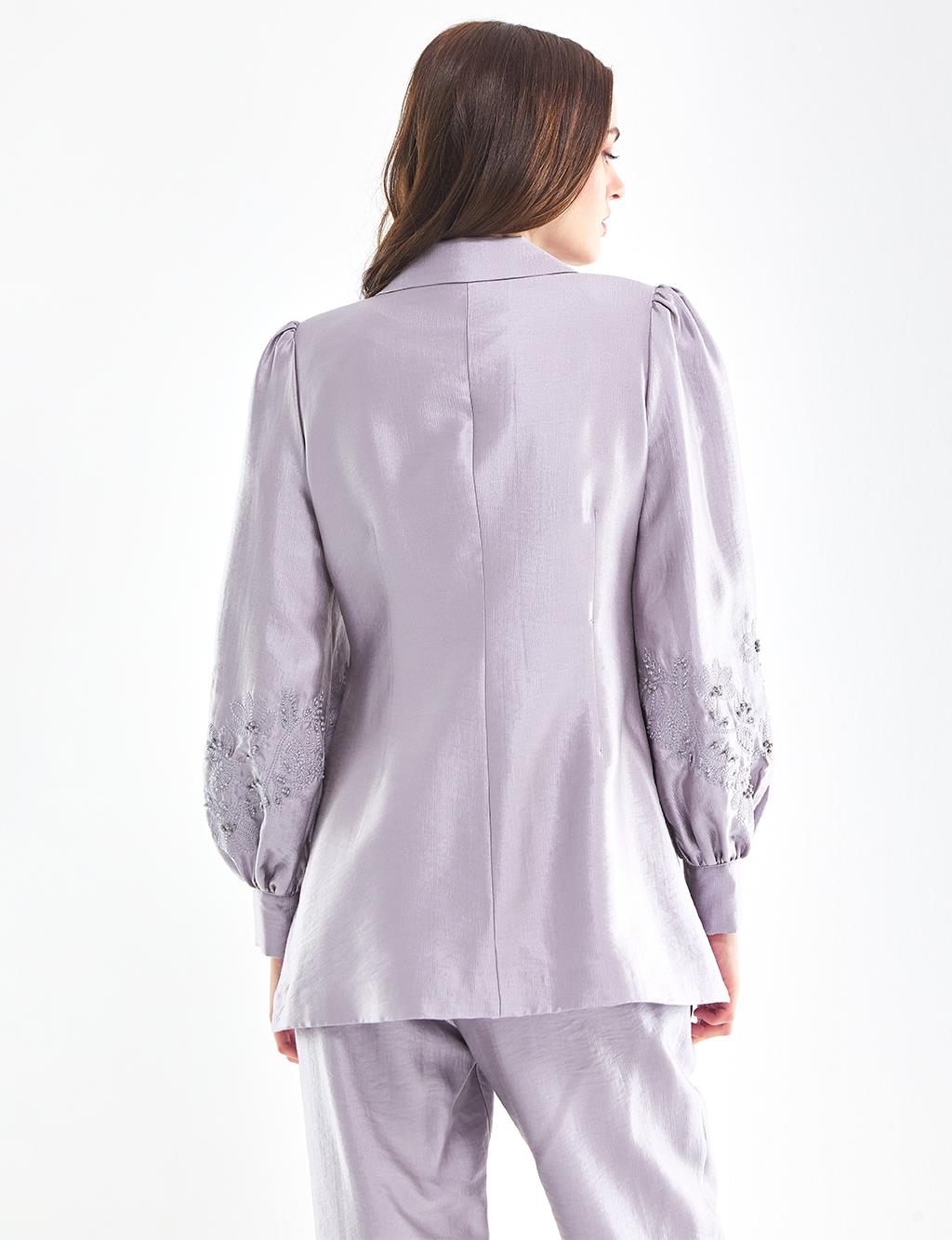 Embroidered Balloon Sleeve Jacket Trousers Set Lilac
